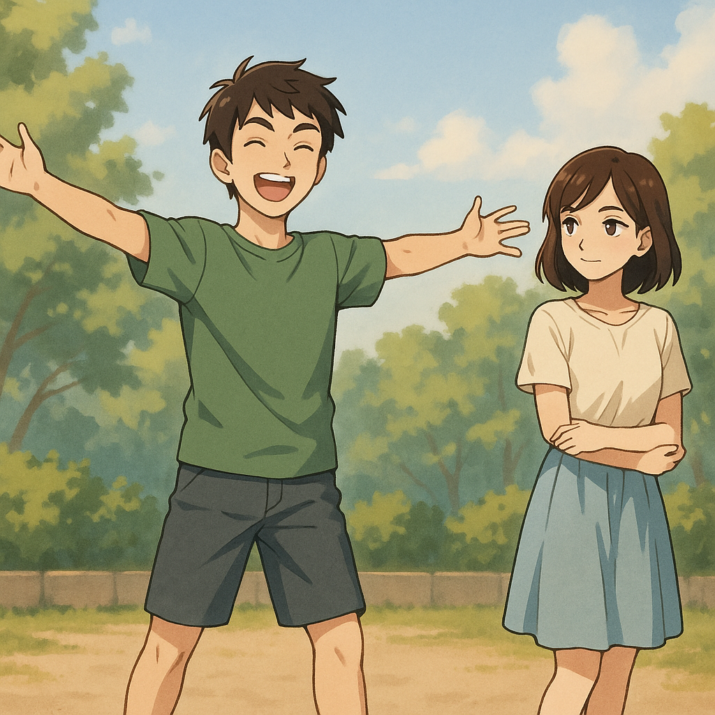 Ken standing tall with arms stretched out wide, showing Mei how BIG he is, mimicking the kanji 大