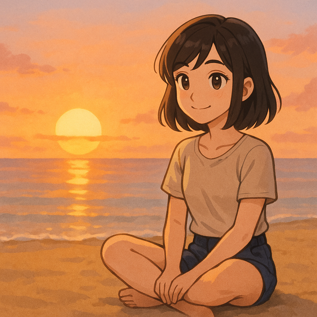 Mei watching the sunrise, just like the kanji 日!