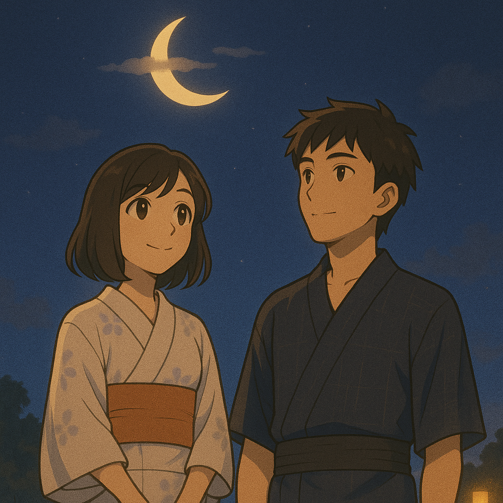 Ken and Mei in yukata watching the crescent moon together. The moon looks just like the kanji 月.
