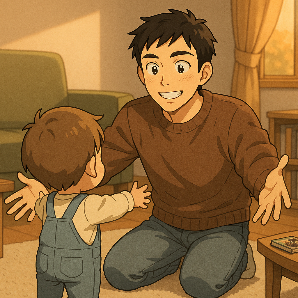 A child with a big head and outstretched arms—like the kanji 子—reaching to hug Ken.