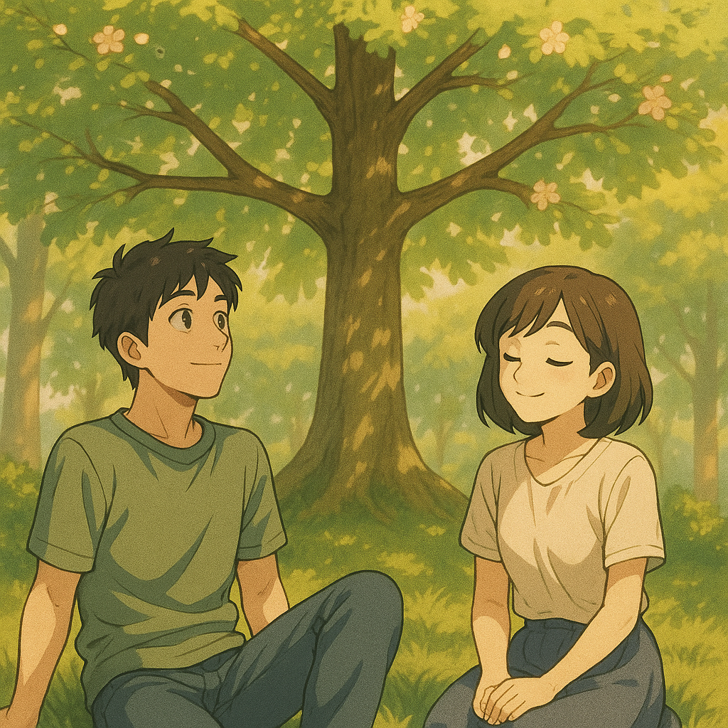 Ken and Mei enjoying 木もれ日 — sunlight filtering through tree branches shaped like 木.