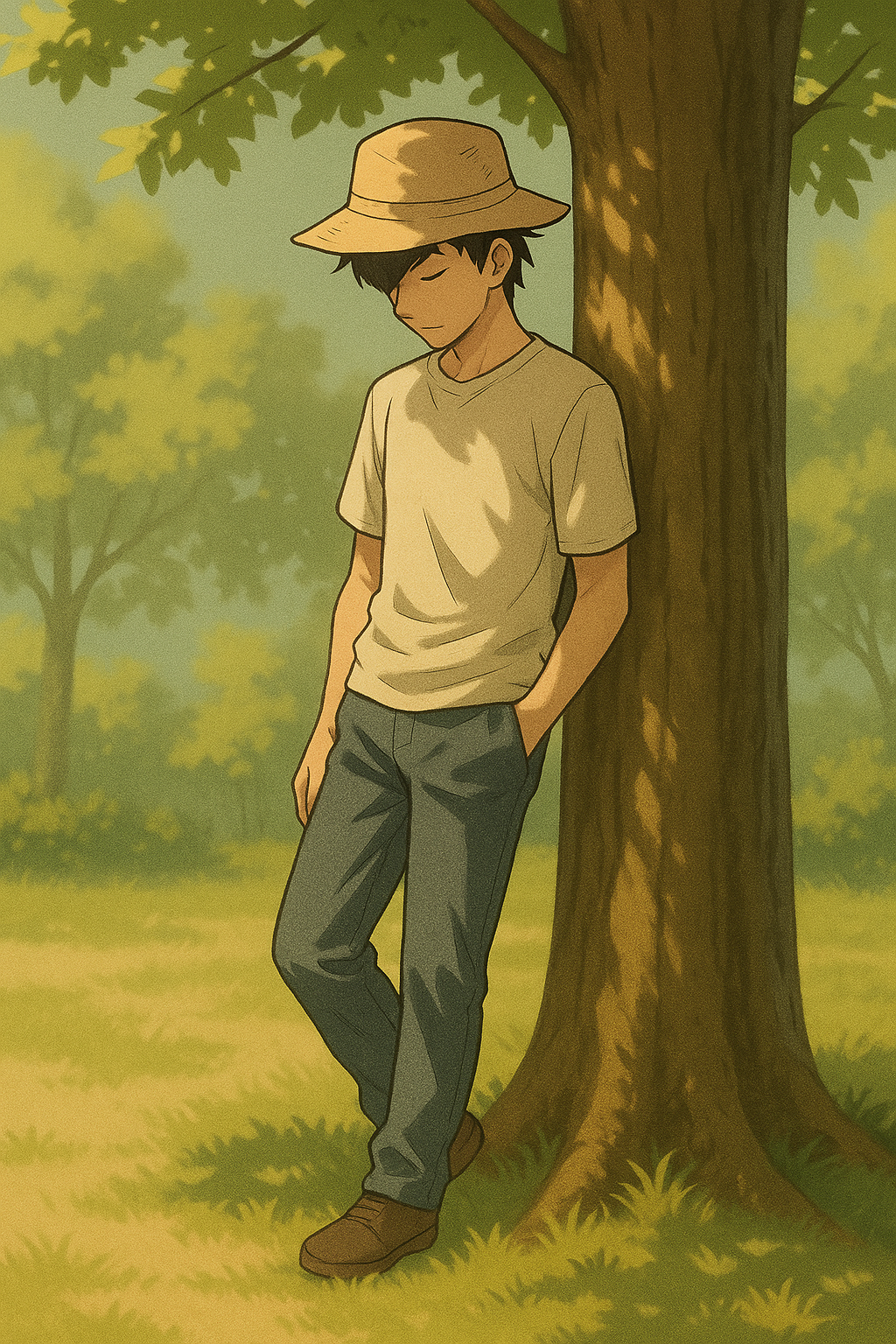 Ken leaning against a tree with Mei sitting nearby, enjoying the shade—showing the kanji 休.