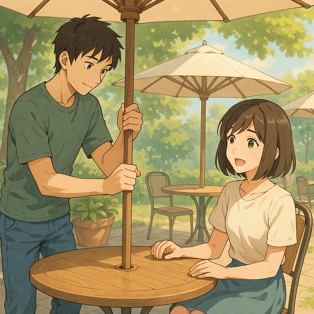 Ken and Mei standing in front of a large square box. A tall stick has been pushed straight through its center.