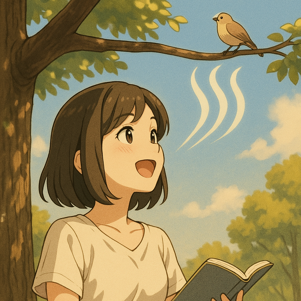 Mei speaking, with her words drawn as flowing lines rising from her mouth like the strokes of 言.