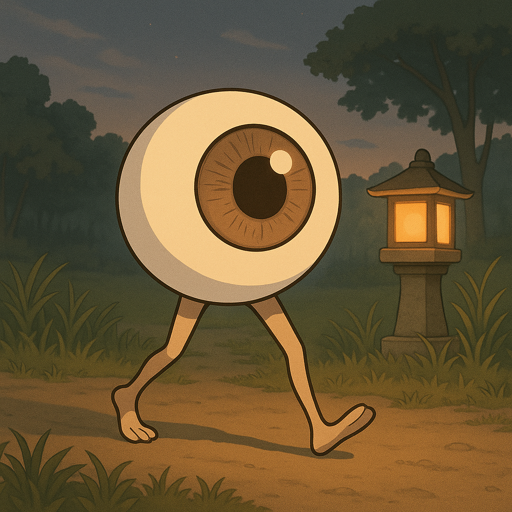 Mei laughing as she imagines an eye with legs walking around, representing the kanji 見.