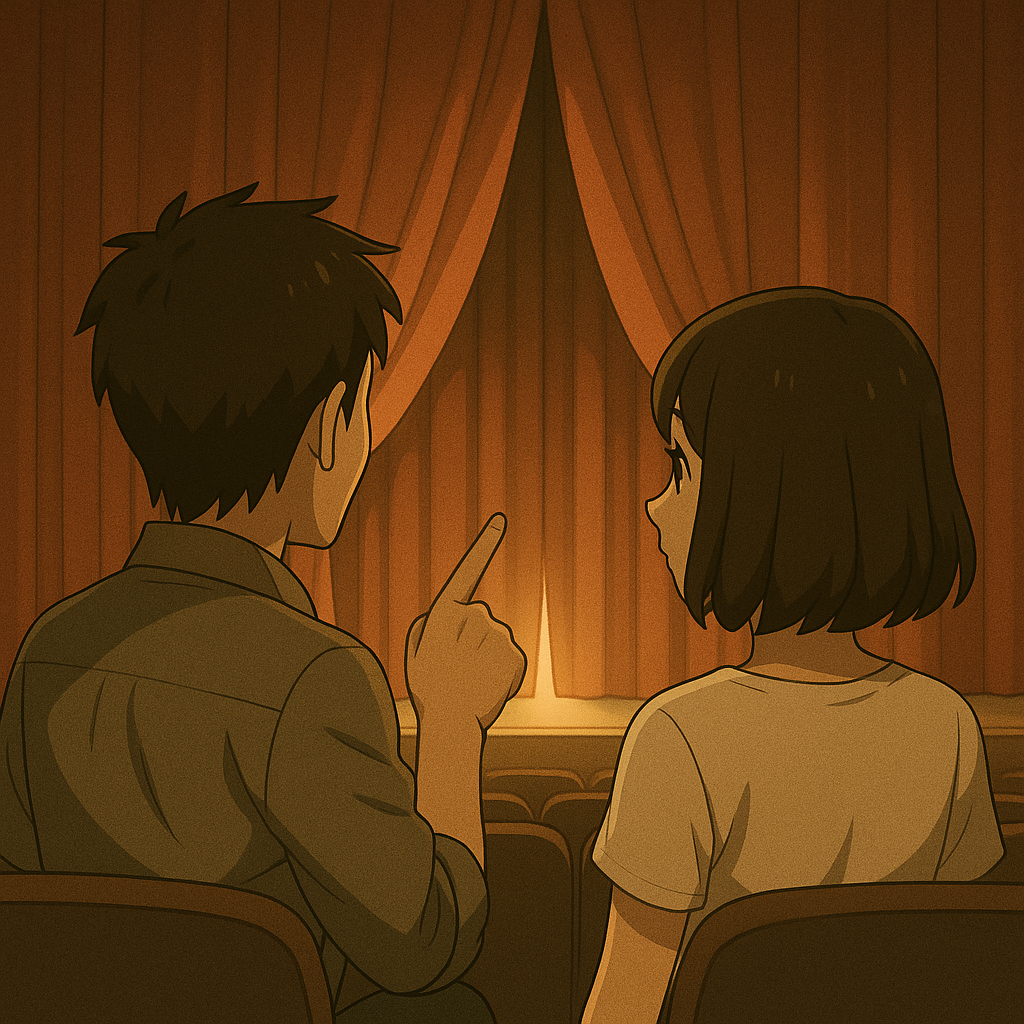 Ken and Mei sitting in a theater as red curtains shaped like the kanji 八 close on stage, reminding them of the number eight.