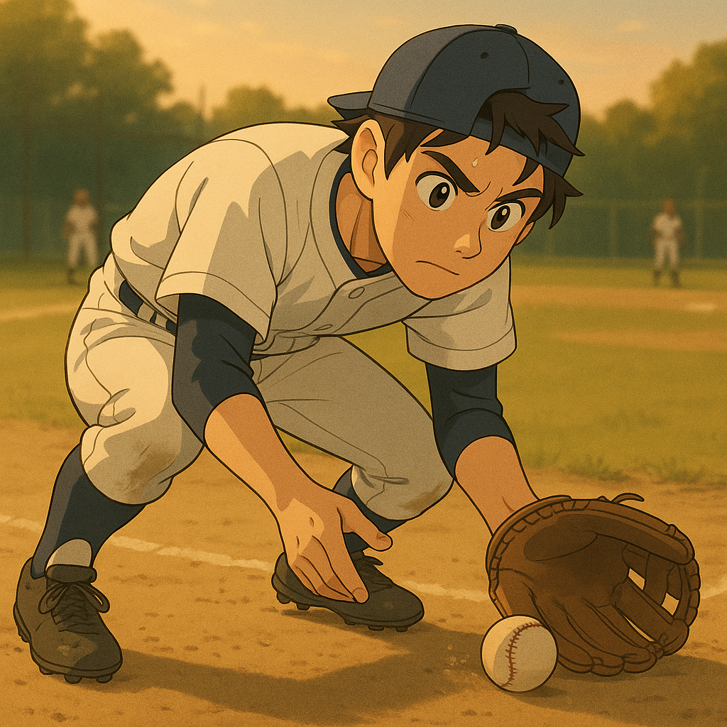 A scene of Ken playing shortstop in a baseball game, his arm and glove scooping toward the dirt like the hook in 九.