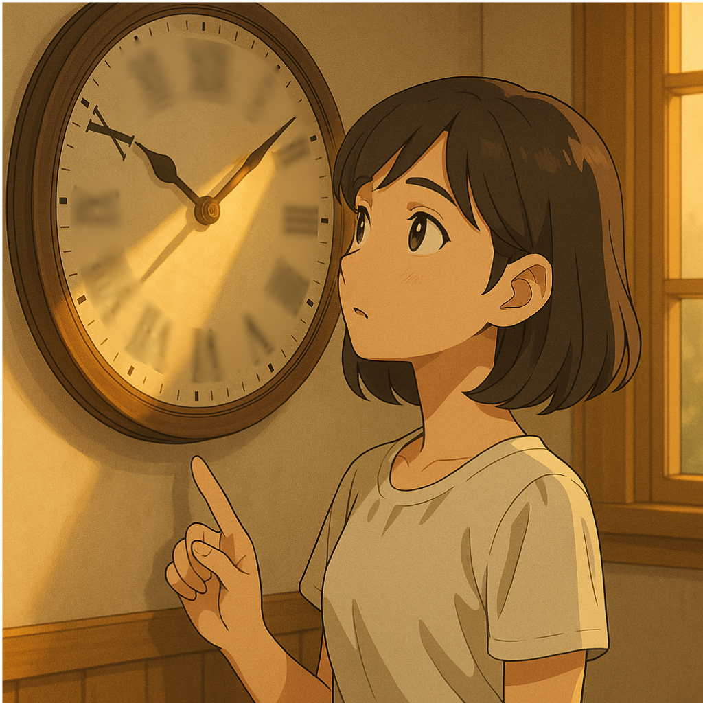 Mei tilts her head while looking at a Roman numeral clock, seeing how the X for ten can rotate into 十.