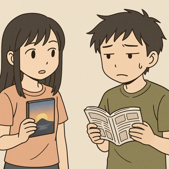 Picture of Mei holding up a movie case and Ken holding a book