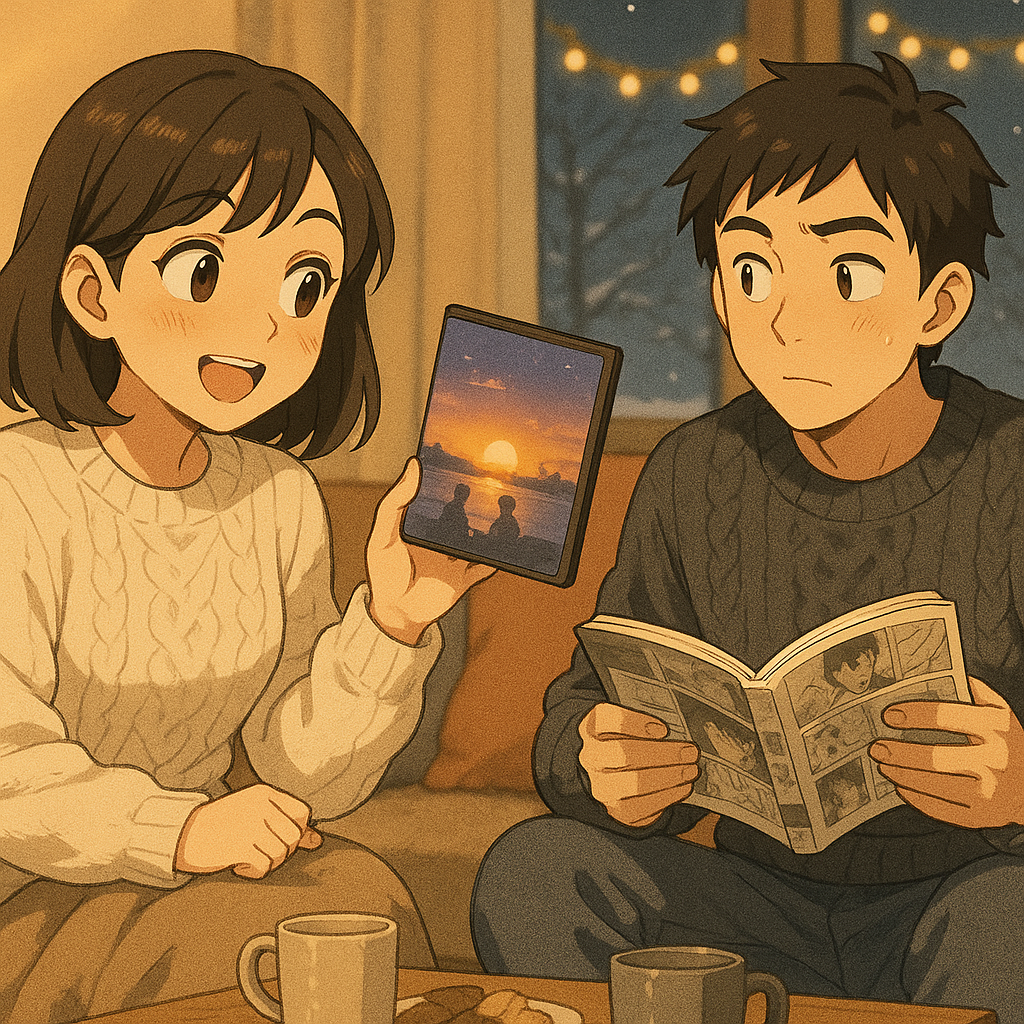 Picture of Mei holding up a movie case and Ken holding a book